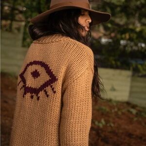 Jackson Rowe Camel Brown Knit Cardigan with Maroon Eye Motif